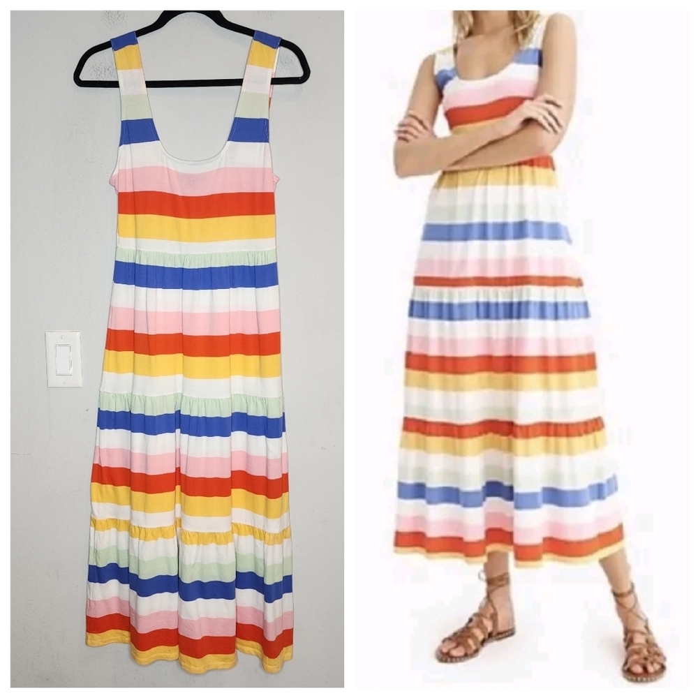 J. Crew Tiered Cotton Jersey Knit Sleeveless Maxi Dress Rainbow Wide Stripe XS